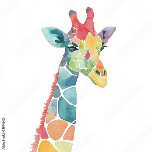 Colorful watercolor illustration of a giraffe head with dynamic brush strokes on a clean white background, ideal for text overlay and design projects related to wildlife or children's themes photo
