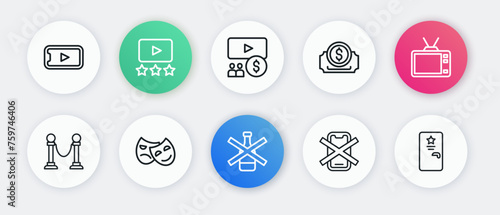 Set line No alcohol, Retro tv, Rope barrier, cell phone, Cinema ticket, auditorium with screen, Backstage and Comedy and tragedy masks icon. Vector
