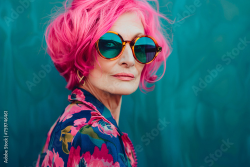 Portrait of beautiful senior woman with pink hair, wearing trendy sunglasses