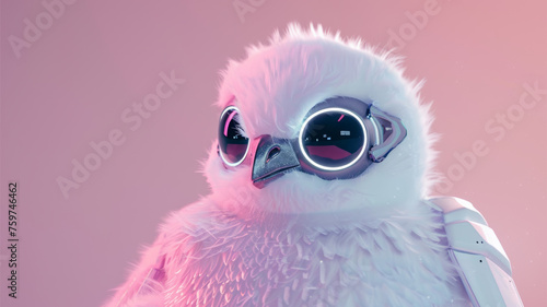 A fluffy bird that wearing futuristic glasses