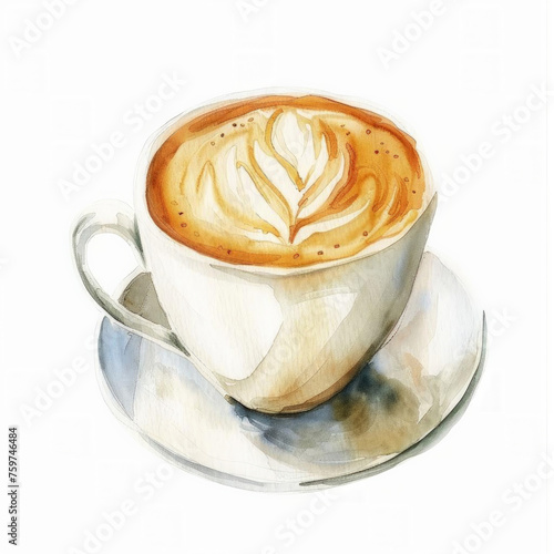 Watercolor illustration of a latte with artful foam design in a white cup on a saucer, perfect for cafe menus and coffee-related marketing, with space for text