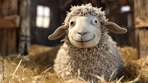A messy sheep smiling in the farm, close up