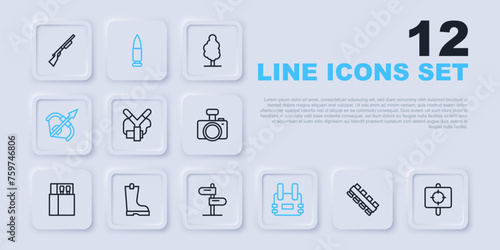 Set line Hunting cartridge belt, Target sport, Slingshot, Bulletproof vest, Medieval bow and arrow, Waterproof rubber boot, and Road traffic sign icon. Vector