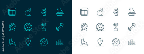 Set line Yacht sailboat, Golf ball on tee, Award cup, Volleyball, Soccer football, Smart watch with heart, Sport mechanical scoreboard and Bowling pin and icon. Vector