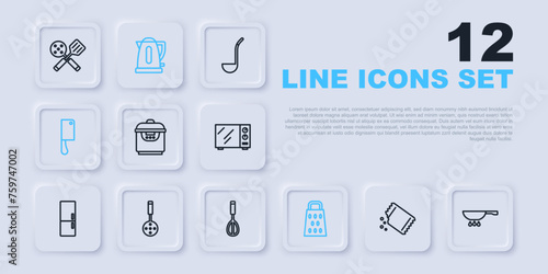 Set line Packet of pepper, Frying pan on fire, Slow cooker, Grater, Meat chopper, Spatula, Electric kettle and Kitchen whisk icon. Vector