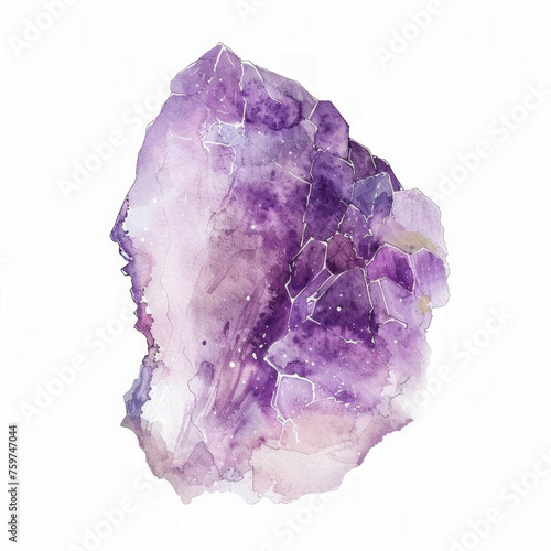 A watercolor illustration of an amethyst crystal cluster with a white background, suitable for text overlay and use in wellness and spirituality-themed designs