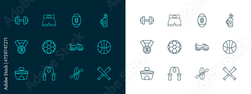 Set line Golf bag with clubs, Jump rope, Football shoes, Kayak and paddle, Soccer football, American, Dumbbell and Boxing short icon. Vector