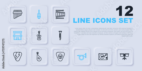 Set line Vinyl player with vinyl disk, Bongo drum, Electric bass guitar, Trumpet, Piano, Bandura, Violin and Guitar pick icon. Vector