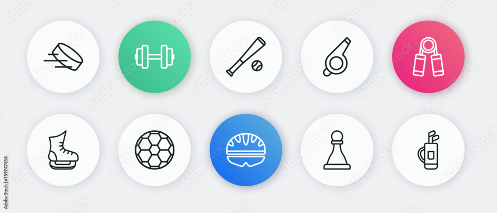 Set line Bicycle helmet, Sport expander, Skates, Chess, Whistle, Baseball bat with ball, Golf bag clubs and Soccer football icon. Vector Set line Bicycle helmet, Sport expander, Skates, Chess, Whistle, Baseball bat with ball, Golf bag clubs and Soccer football icon. Vector