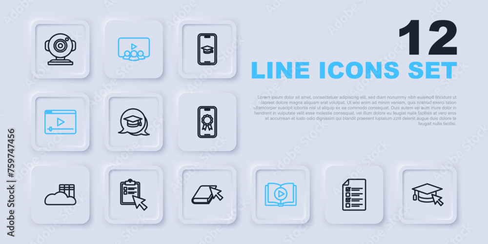 Set line Online quiz, test, survey, Graduation cap with cursor, speech bubble, Audio book, play video, class and icon. Vector Set line Online quiz, test, survey, Graduation cap with cursor, speech bubble, Audio book, play video, class and icon. Vector
