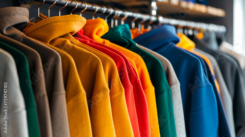 Row of different colorful youth cashmere sweaters and hoodies, sweatshirts and on a clothes rack