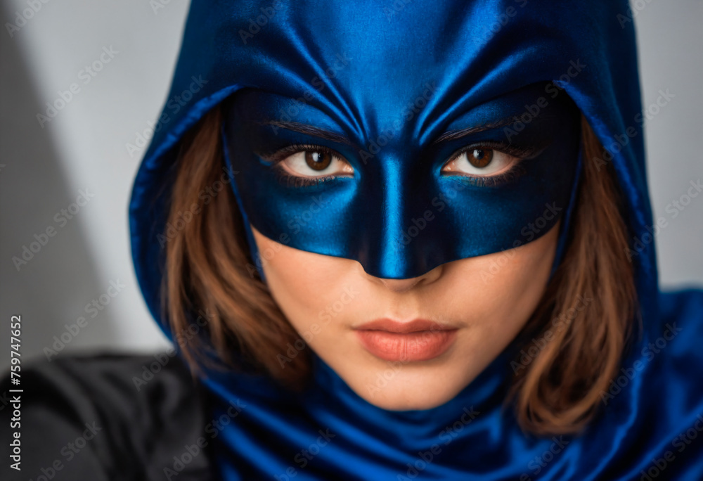 A determined superheroine stands poised in her vibrant blue outfit and mask. A determined superheroine stands poised in her vibrant blue outfit and mask.