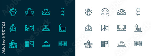 Set line Hopscotch, Swedish wall, Kid playground slide pipe, Playground climbing equipment, Ferris wheel and icon. Vector