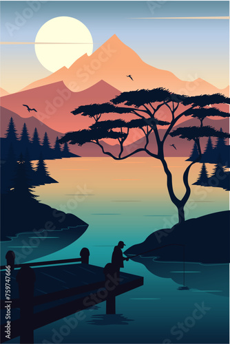 Vector illustration of a poster with a beautiful nighttime lake background, silhouettes of mountains, trees and anglers