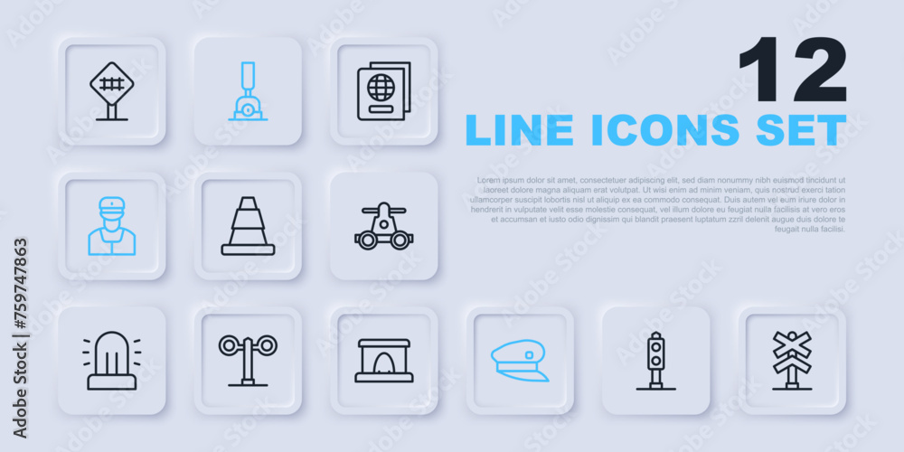 Set line Train traffic light, Railroad crossing, Traffic cone, driver hat, conductor, Arrow for switching the railway and Railway tunnel icon. Vector Set line Train traffic light, Railroad crossing, Traffic cone, driver hat, conductor, Arrow for switching the railway and Railway tunnel icon. Vector