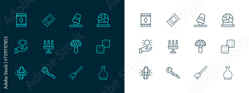Set line Magic ball, staff, Psilocybin mushroom, Witches broom, Candlestick, Game thimbles, carpet and Circus ticket icon. Vector
