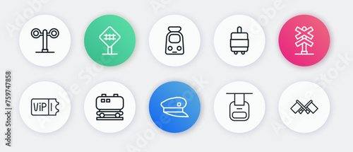 Set line Train driver hat, Railroad crossing, ticket, Cable car, Suitcase, and railway, Flag and Oil cistern icon. Vector