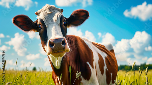 Funny surprised cow  in meadow photo