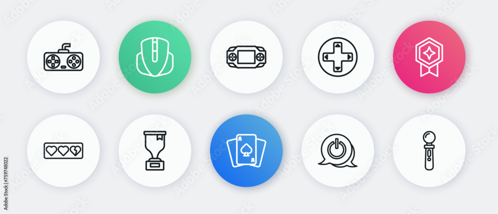 Set line Playing cards, Game rating with medal, life bar, Power button, controller or joystick, Portable video game console, VR and Award cup icon. Vector Set line Playing cards, Game rating with medal, life bar, Power button, controller or joystick, Portable video game console, VR and Award cup icon. Vector