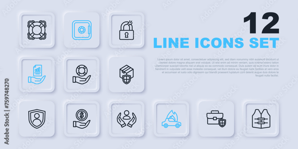 Set line Briefcase with shield, Life jacket, Lifebuoy in hand, Burning car, Contract, Money, Safe and insurance icon. Vector Set line Briefcase with shield, Life jacket, Lifebuoy in hand, Burning car, Contract, Money, Safe and insurance icon. Vector