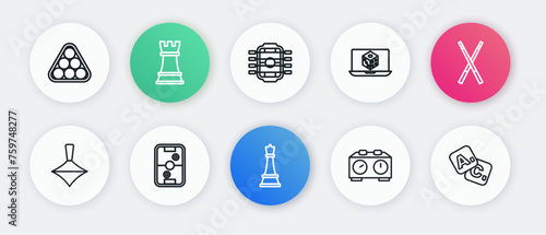 Set line Chess, Crossed billiard cues, Whirligig toy, Time chess clock, Game dice, Table football, Bingo and Air hockey table icon. Vector