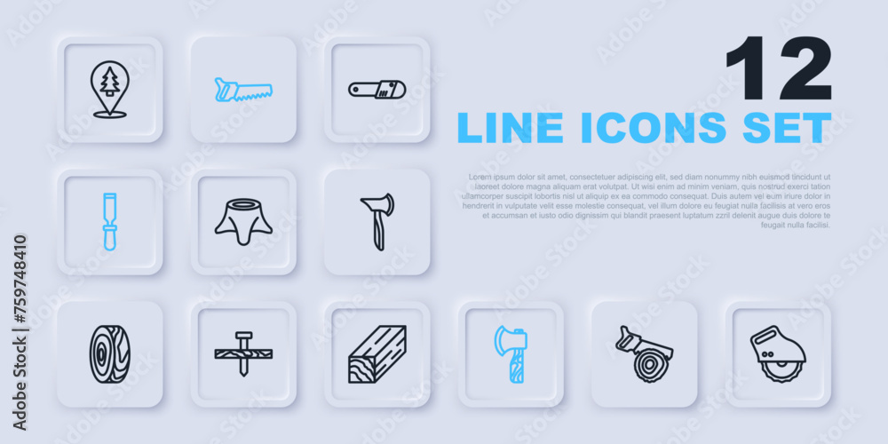 Set line Hand saw and log, Electric circular, Tree stump, Wooden axe, Chisel tool, Metallic nail, and beam icon. Vector Set line Hand saw and log, Electric circular, Tree stump, Wooden axe, Chisel tool, Metallic nail, and beam icon. Vector