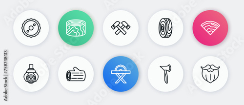 Set line Electric circular saw, Wooden beam, Grapple crane grabbed log, axe, Tree rings, Crossed hammer, Mustache and beard and icon. Vector