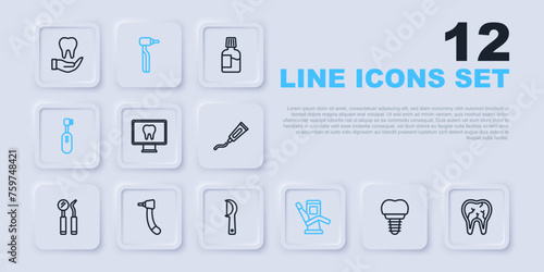 Set line Dental implant, Broken tooth, Online dental care, Medical chair, Electric toothbrush, Tooth drill, and floss icon. Vector