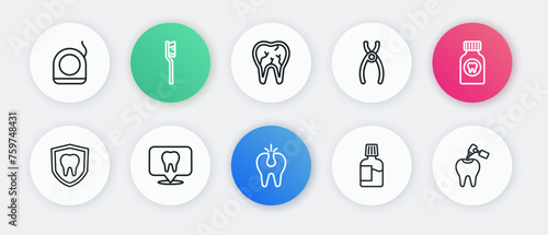 Set line Broken tooth, Toothache painkiller tablet, Dental protection, Mouthwash, pliers, with caries and drill and clinic location icon. Vector