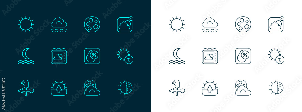 Set line Weather forecast app, Sunrise, Water drop percentage, Cloud with moon, Moon, and Fog and cloud icon. Vector - obrazy, fototapety, plakaty 