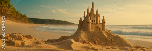 Sandcastle on the beach. Concept of summer vacation and travel.