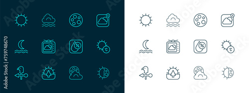Set line Weather forecast app, Sunrise, Water drop percentage, Cloud with moon, Moon, and Fog and cloud icon. Vector