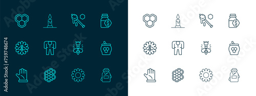 Set line Sale in jar of honey, Honeycomb, Queen bee, Flower, Beekeeper costume, dipper stick, and Burning candle icon. Vector