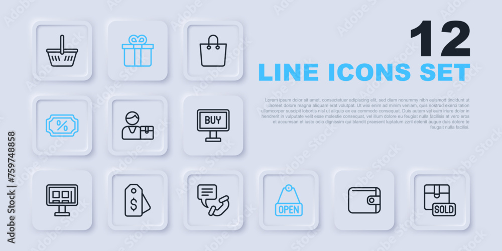 Set line Wallet, Sold, Buyer, Hanging sign with text Open, Discount percent tag, Price dollar, Gift box and Telephone 24 hours support icon. Vector