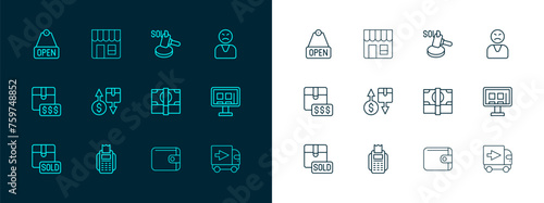Set line Angry customer, POS terminal, Stacks paper money cash, Wallet, Tax cardboard box, Auction hammer, Hanging sign with text Open and Market store icon. Vector
