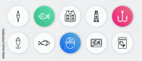 Set line Fishing bucket with fish, hook, lure, finder echo sounder, Fisherman pants, jacket, Served on plate and icon. Vector