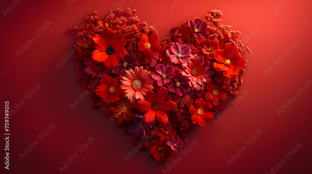AI generated illustration of a red heart made of flowers on a red background AI generated illustration of a red heart made of flowers on a red background