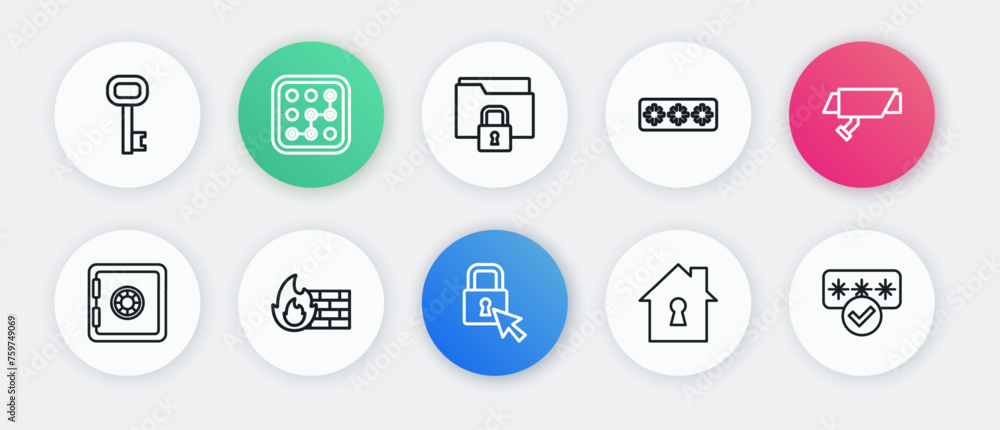 Set line Lock, Security camera, Safe, House under protection, Password, Folder and lock, and Firewall, security wall icon. Vector Set line Lock, Security camera, Safe, House under protection, Password, Folder and lock, and Firewall, security wall icon. Vector