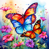 
Watercolor painting of beautiful colorful
butterflies and flowers illustration
