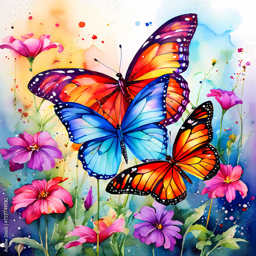  Watercolor painting of beautiful colorful butterflies and flowers illustration  © EFTI