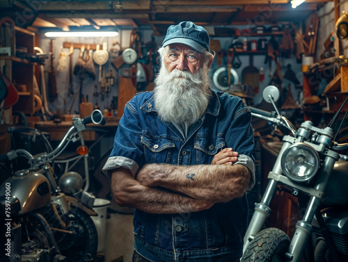 Suggestive portrait of an old white-haired mechanic with cap standing in his vintage authentic bike shop among motorcycles.