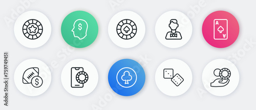 Set line Playing card with clubs symbol, spades, American football betting money, Game dice, Casino dealer, chips, Hand holding casino and Online sports icon. Vector