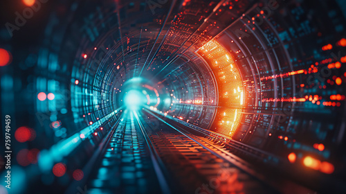 Fototapeta Naklejka Na Ścianę i Meble -  Futuristic Tunnel with Neon Lights, Abstract Space Corridor
