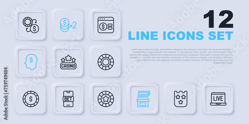 Set line Lottery ticket, Online poker table game, Casino signboard, Slot machine, Lucky player, sports betting, chip with dollar and chips icon. Vector