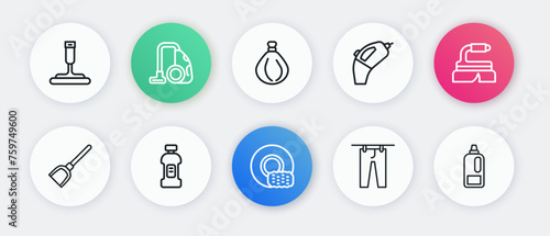 Set line Washing dishes, Brush for cleaning, Dustpan, Drying clothes, Portable vacuum cleaner, Garbage bag, Bottle detergent and icon. Vector