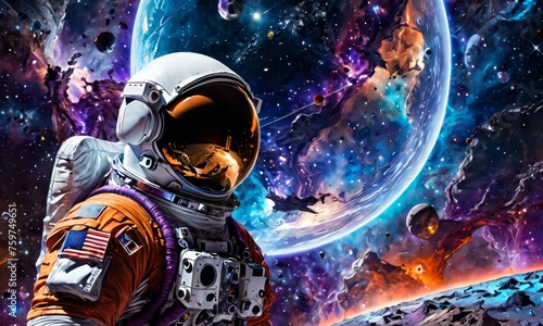 An astronaut stands before a breathtaking backdrop of planets and nebulas, symbolizing humanity's quest to conquer the unknown. It highlights the beauty and scale of the cosmos.