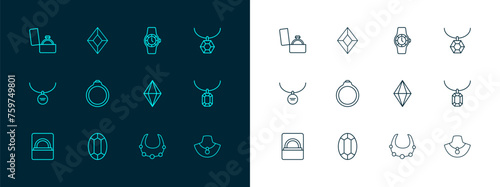 Set line Pendant on necklace, Gem stone, Necklace, Diamond engagement ring, Wrist watch, box and icon. Vector