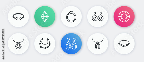 Set line Earrings, Diamond, Pendant necklace, engagement, Pearl and Necklace icon. Vector