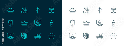 Set line Medieval helmet, Shield, catapult, King crown, axe, and icon. Vector