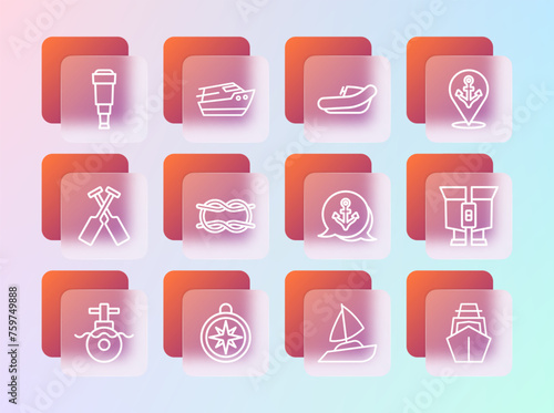 Set line Location with anchor, Compass, Anchor, Yacht sailboat, Nautical rope knots, Inflatable motor, Spyglass telescope lens and Speedboat icon. Vector